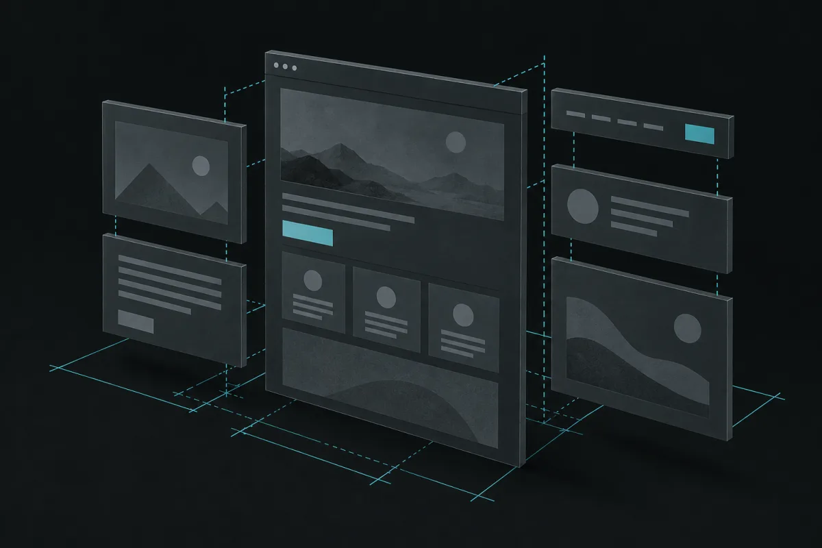 Une page web composée de panneaux et de repères de construction turquoise.
