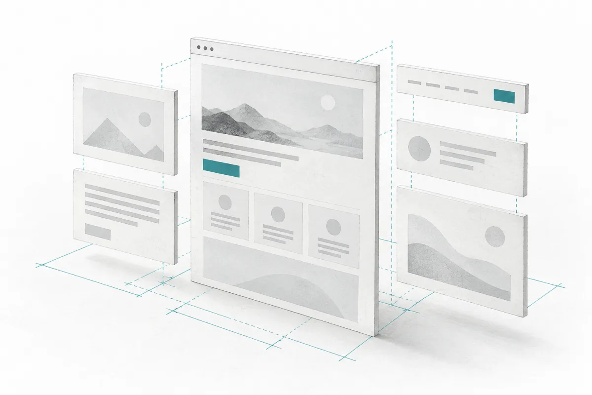 Une page web composée de panneaux et de repères de construction turquoise.