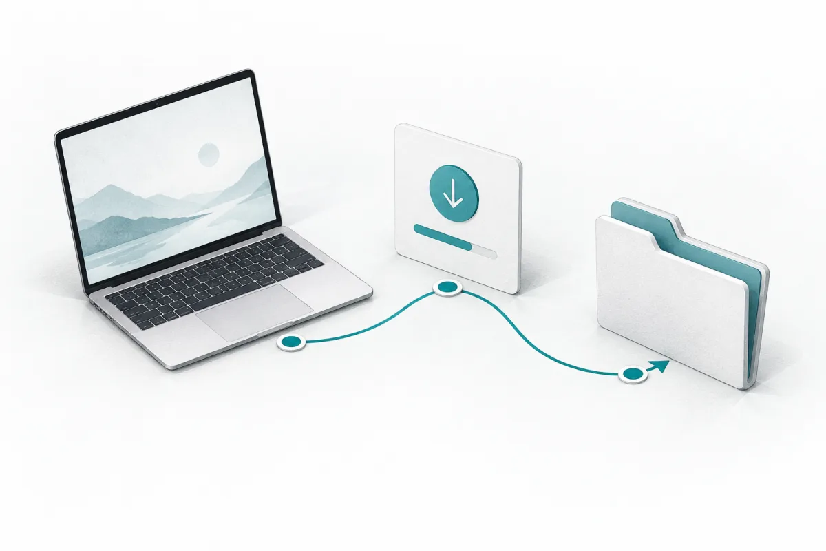 Un ordinateur portable, une carte de téléchargement et un dossier de projet reliés par un chemin turquoise.