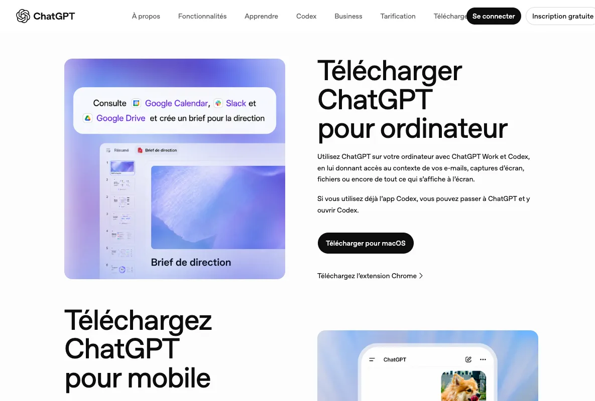 La page officielle française de téléchargement de ChatGPT affichant l’accès à l’application de bureau qui inclut Codex.
