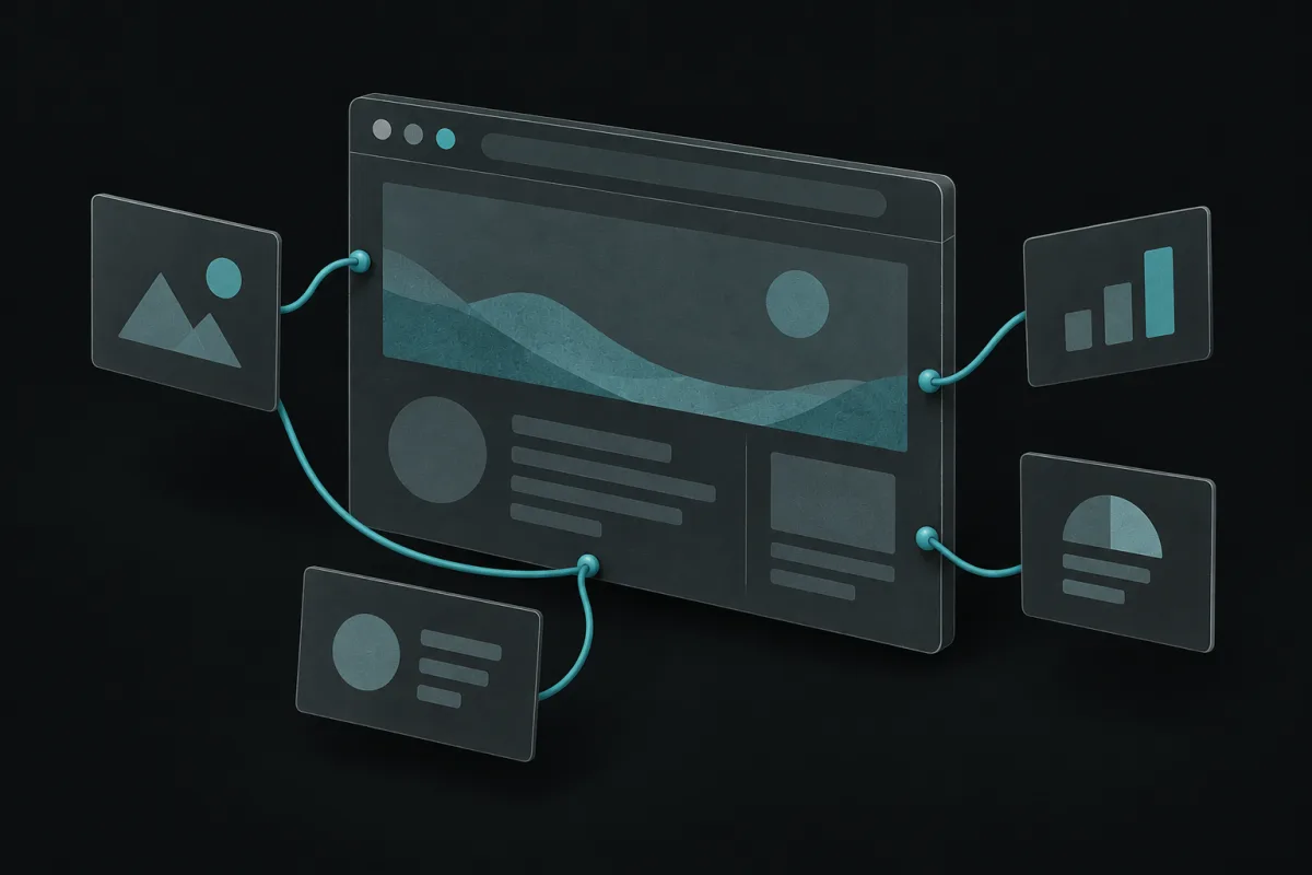 Une fenêtre de navigateur reliée à des cartes de contexte par un fil turquoise.