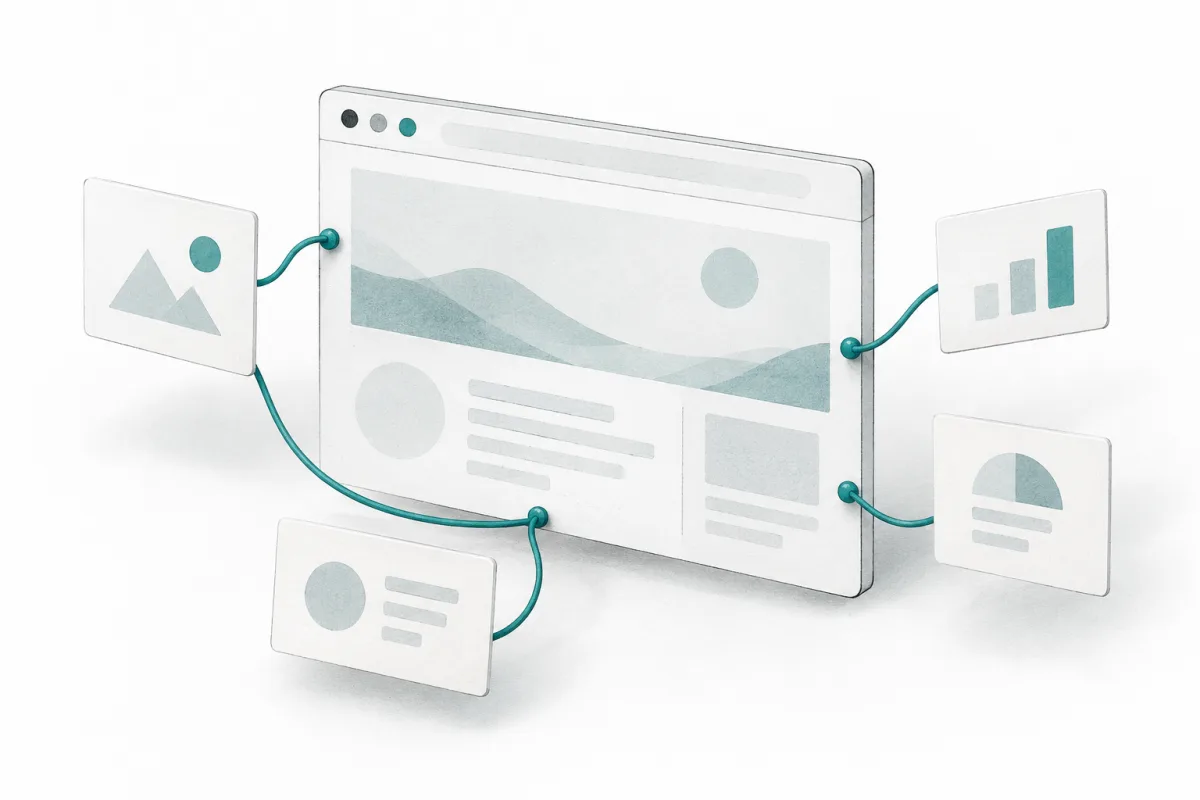 Une fenêtre de navigateur reliée à des cartes de contexte par un fil turquoise.