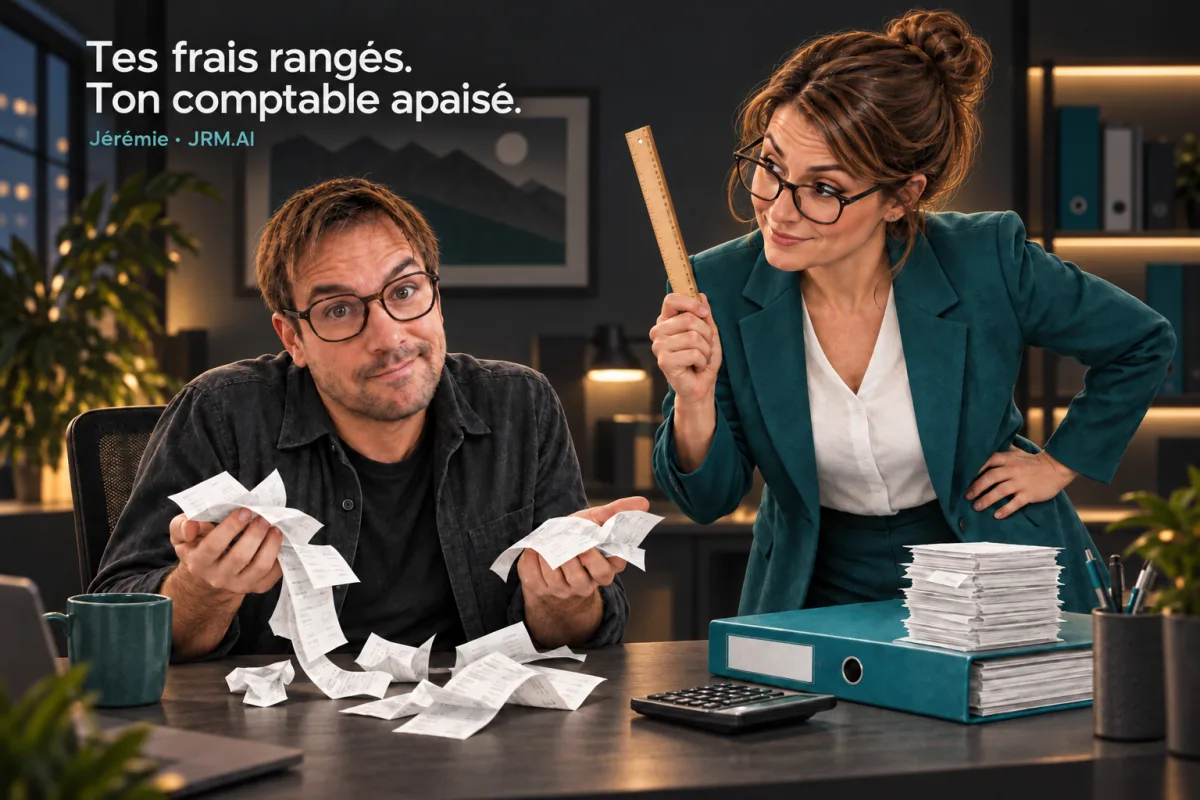 Jérémie, lunettes et reçus en main, face à une comptable qui brandit une règle avec humour. Accroche : Tes frais rangés. Ton comptable apaisé. Signature : Jérémie · JRM.AI. Illustration générée.