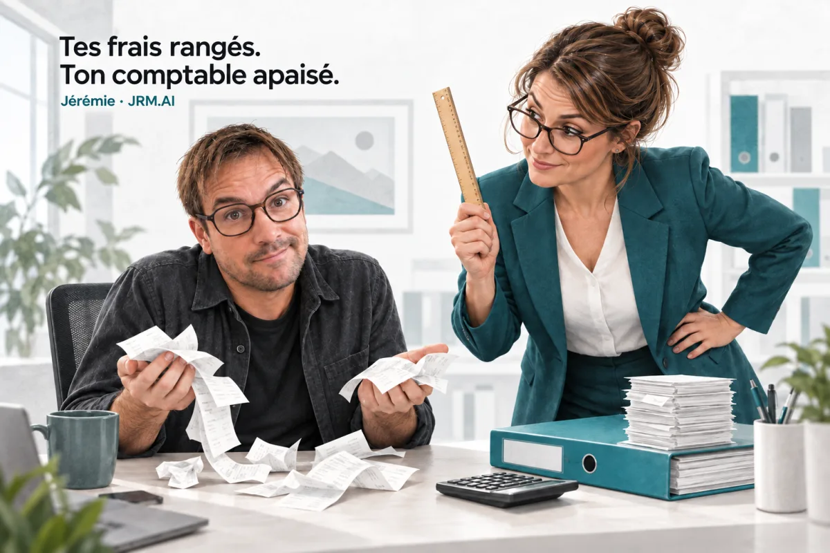 Jérémie, lunettes et reçus en main, face à une comptable qui brandit une règle avec humour. Accroche : Tes frais rangés. Ton comptable apaisé. Signature : Jérémie · JRM.AI. Illustration générée.