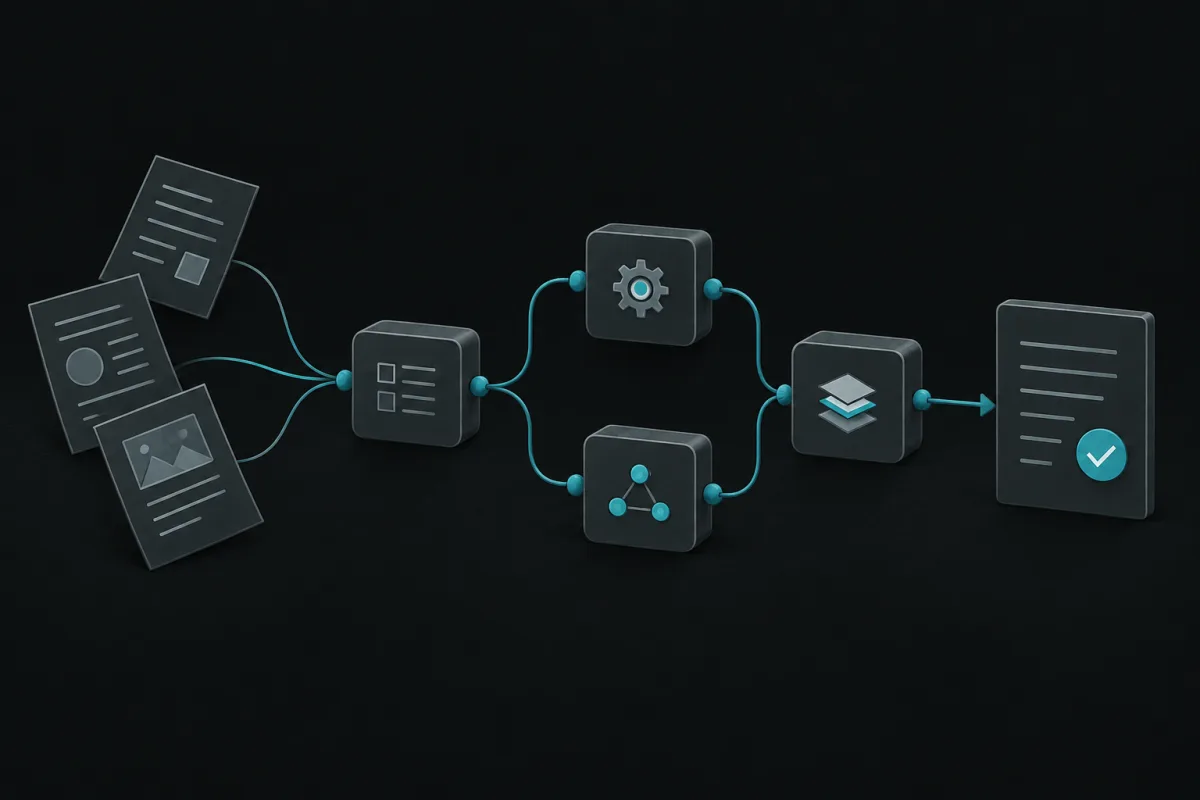 Des idées deviennent une suite de modules connectés menant à un résultat vérifié.
